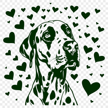 A large breed dog with a gentle expression, surrounded by love hearts in a vector design.
