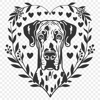 A large, ornate illustration of a Great Dane's head with intricate details.