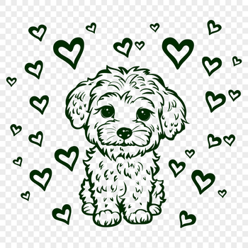 A full-body illustration of a Havanese dog in a sitting position, incorporating love hearts as design elements.