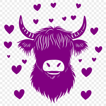 A highland cow standing on a farm with heart symbols in its fur.