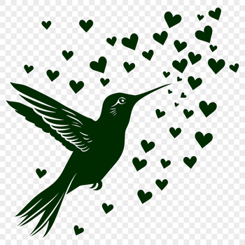 A stylized illustration of a hummingbird in mid-flight, surrounded by heart shapes.
