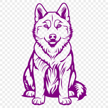 A full-body illustration of a seated Siberian Husky dog with a calm expression.