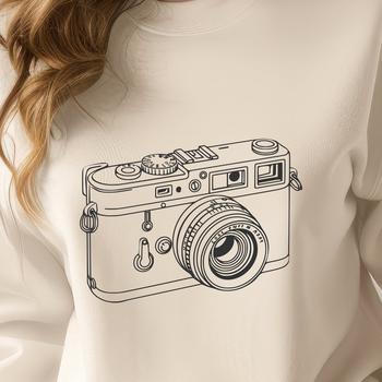 A close-up view of a camera's lens and body, featuring detailed graphics in vector format.