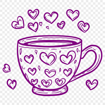 A stylized cup illustration featuring love hearts around the rim.