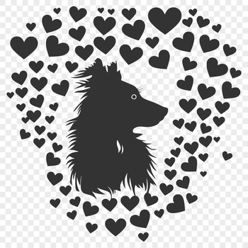 A digital illustration of a Shetland Sheepdog's head with heart motifs.