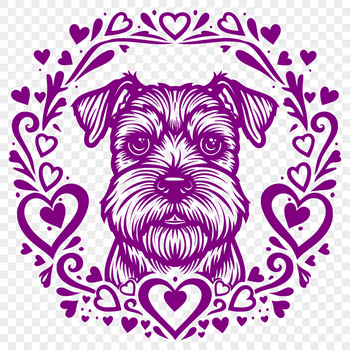 A illustration of a miniature schnauzer's head with heart-shaped accents.
