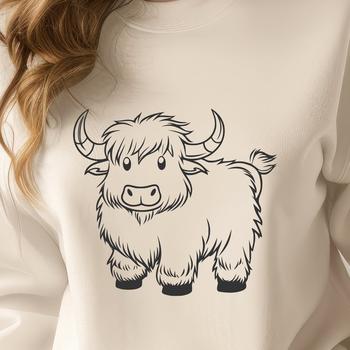 A standing Highland cow, a traditional farm animal breed, depicted in vector art form.