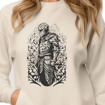 A medieval knight illustration with ornate details and floral patterns.