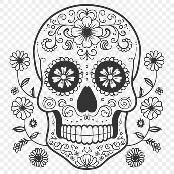 A stylized skull design featuring ornate floral patterns.