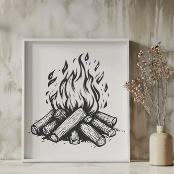 A burning camp fire in the outdoors, surrounded by trees.