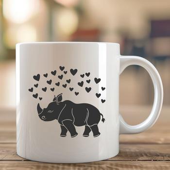 A stylized illustration of a rhino with love hearts incorporated into its design.