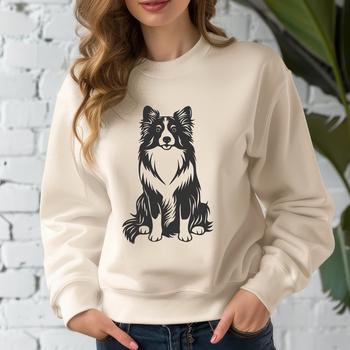 A detailed illustration of a sitting Shetland sheepdog in full body view.