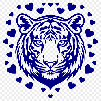A detailed vector illustration of a tiger's head with love hearts surrounding its features.