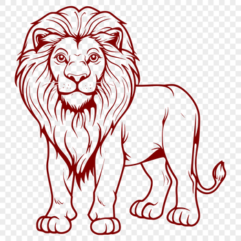 A detailed illustration of a standing lion, showcasing its full body with distinctive fur and facial features.