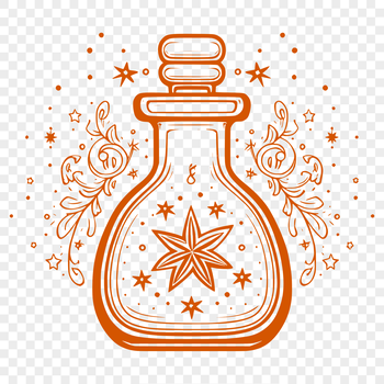 A stylized illustration of a witch's cauldron surrounded by magical potions and mysterious candles.