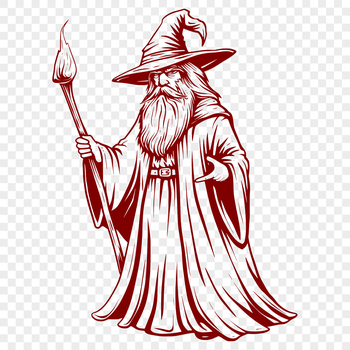 A full-body illustration of a wizard in fantasy attire, conjuring magic with his staff.