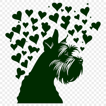 A stylized illustration of a Miniature Schnauzer's head featuring heart-shaped designs.