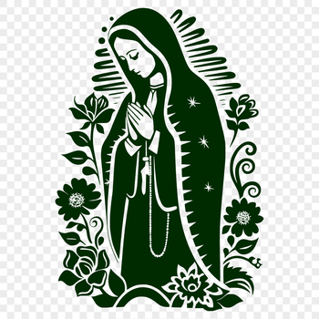 Ornate illustration of the Virgin Mary, surrounded by floral patterns.