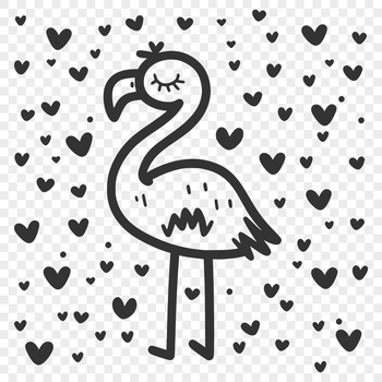 A full-body illustration of a flamingo, with love hearts incorporated into the design.