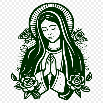 A detailed illustration of the Virgin Mary surrounded by ornate floral patterns.