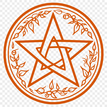 A mystical illustration of witchcraft symbols featuring a pentagram design with intricate details and ornate lines.