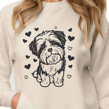 A vector graphic representation of a happy Havanese sitting still, incorporating heart symbols in its design.