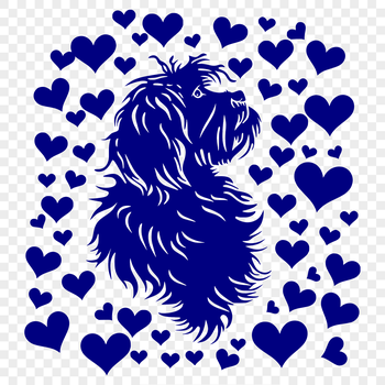 A stylized illustration of a friendly Havanese dog's head featuring love hearts.