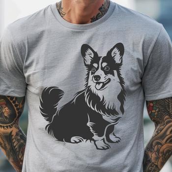 A full-body illustration of a seated Welsh Corgi with its fur textured and detailed.