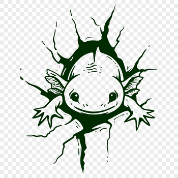 An illustration of a Mexican axolotl's head with feathery gills and a distinctive 'land' eye.