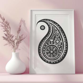 Decorative paisley motif for use as a clip art or stencil with customizable dimensions.