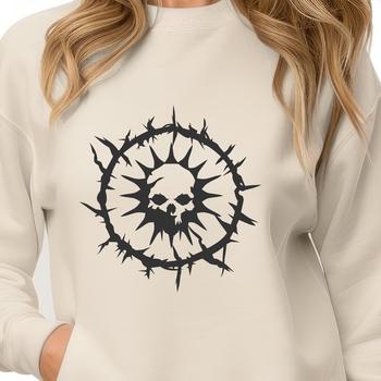 A detailed illustration of a skull surrounded by thorns, suitable as a design element for Halloween decorations.