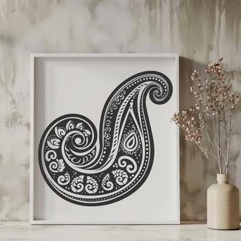 A stylized ornate paisley design featuring intricate curves and patterns.