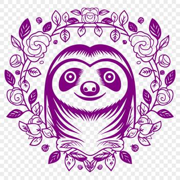 A sloth's head is surrounded by floral patterns and foliage.