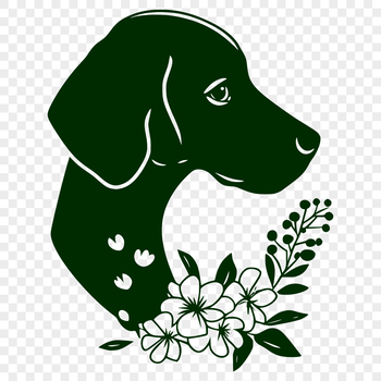A detailed illustration of a Weimaraner dog in a floral patterned environment.