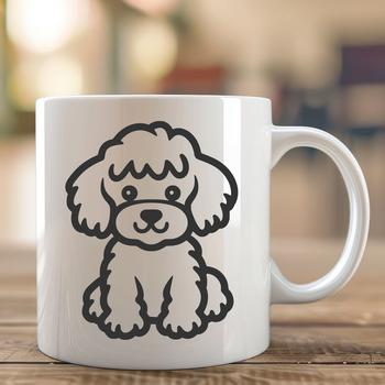 A simple line drawing of a poodle sitting in a full-body pose.