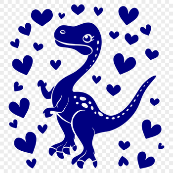 A prehistoric dino illustration with love hearts scattered throughout its body.