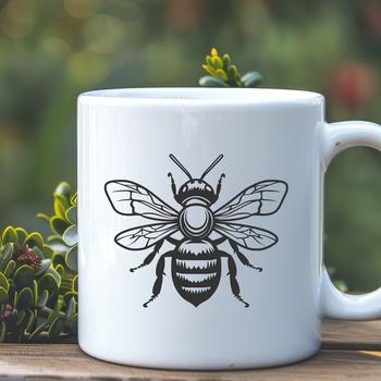 A full-body illustration of a busy bee in a gardening context.