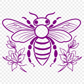 A stylized illustration of a full-body bee surrounded by floral elements.