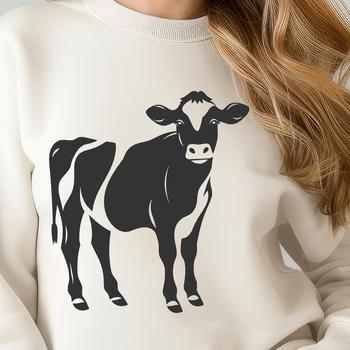 An illustration of a full-body cow on a farm.