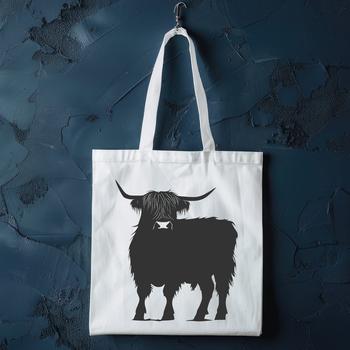 A full-body illustration of a standing Highland cow, suitable for farm-themed designs.