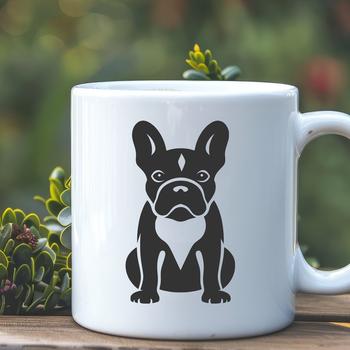 A full-body illustration of a calm French bulldog sitting with its front legs stretched out.