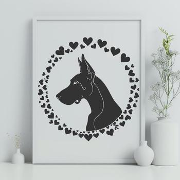A stylized illustration of a Great Dane's head with heart symbols surrounding its features.