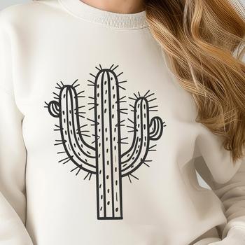 A stylized illustration of a cactus plant in the desert landscape.