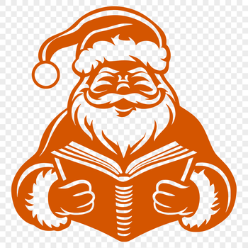 A jolly Father Christmas figure reading a book on a festive holiday evening.
