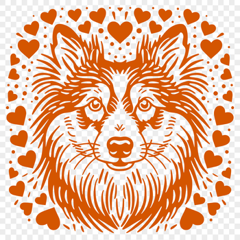 A small breed dog with a gentle expression, featuring heart symbols on its fur.
