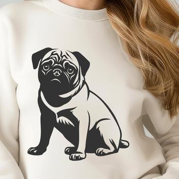 A sitting pug dog in full body view.