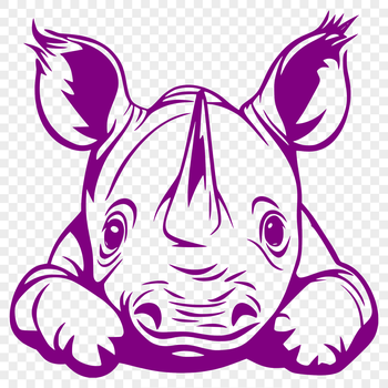 A close-up illustration of a rhino's face peeking out from behind foliage.