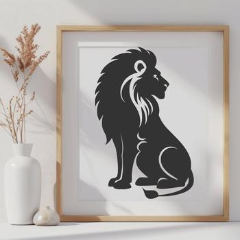 A full-body illustration of a lion sitting on its haunches, showcasing the majestic animal's anatomy.