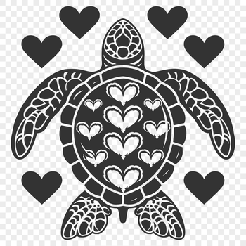 A full-body illustration of a sea turtle with heart symbols surrounding its body.