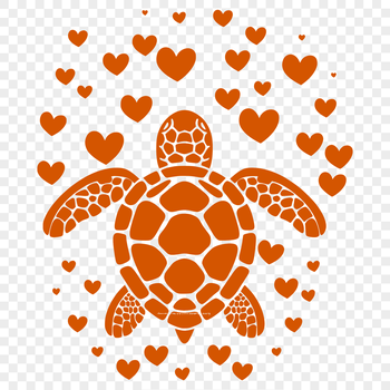 A full-body illustration of a sea turtle with hearts surrounding its body, suitable for vector designs and craft projects.